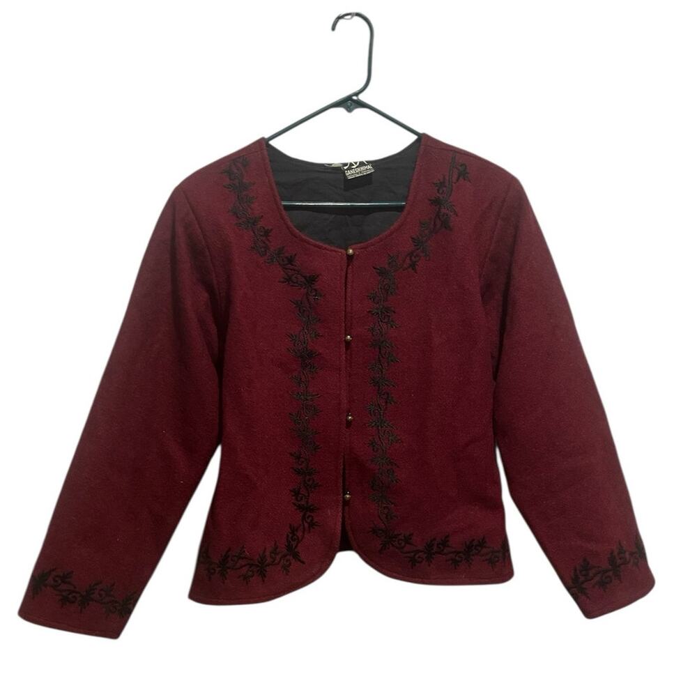 Ganesh Himal Handmade Nepal Maroon Wool Sweater Sz M Cardigan Button Embroidered